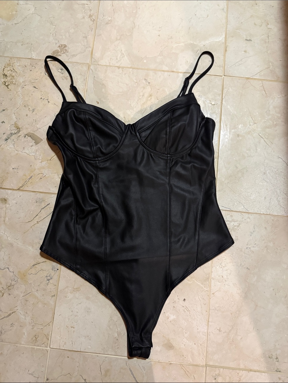 Faux leather Black Sculpting Bodysuit Thong-Back
